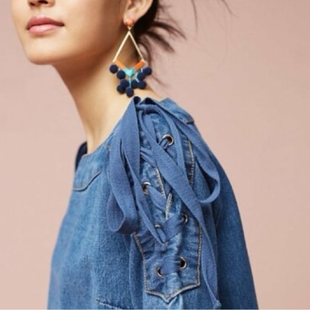 Anthropologie Maeve Denim Mini Shift Dress Country Lace Up Shoulders Women’s S - Picture 10 of 10
